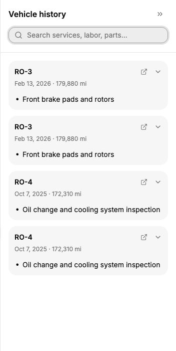 Open Vehicle history from a repair order to review completed services, dates, and mileage.