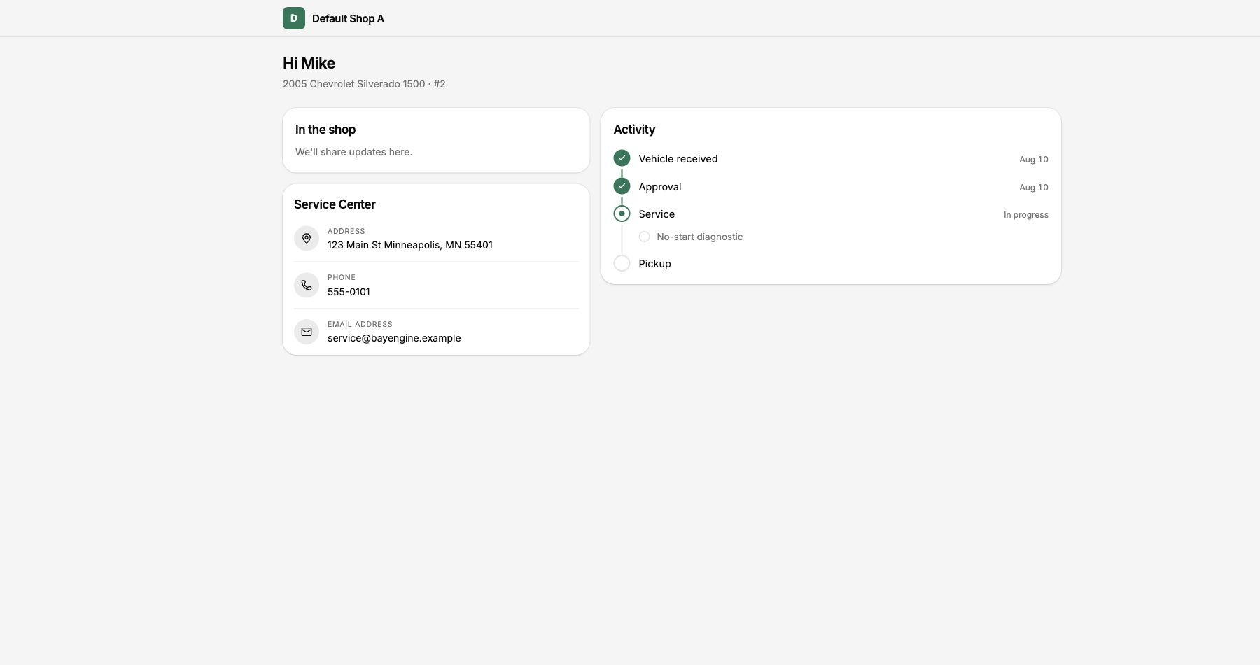 Review the customer, vehicle, current status, shop contact information, and activity shown on the portal home page.