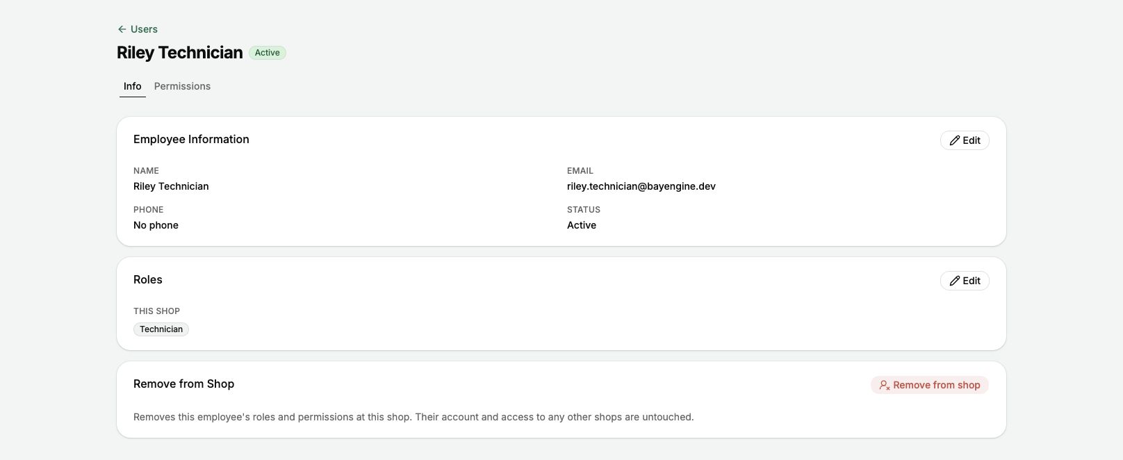 Open the user to review their current status, roles, and shop access.