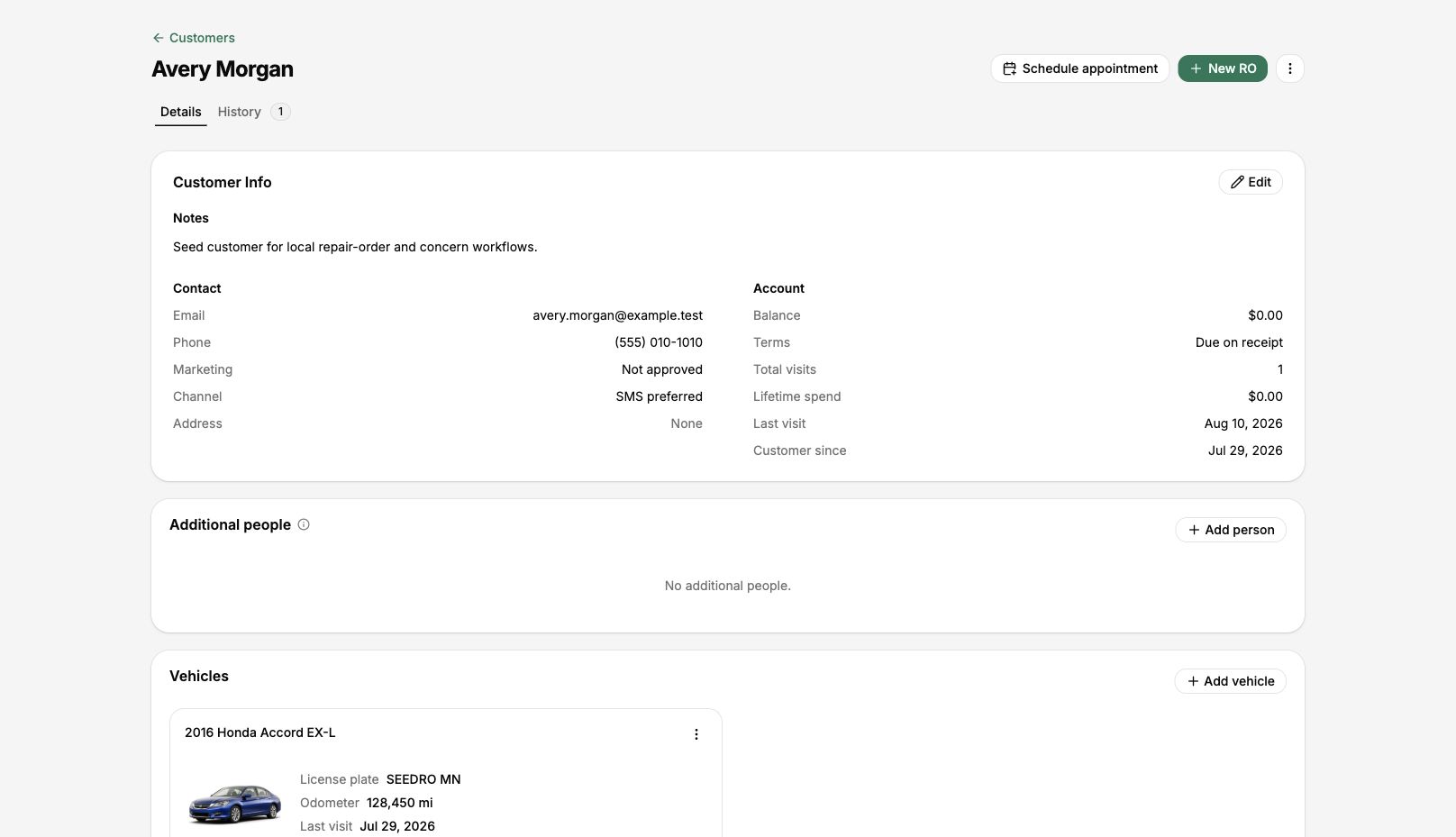 Open the correct customer and confirm the vehicle before reviewing History.