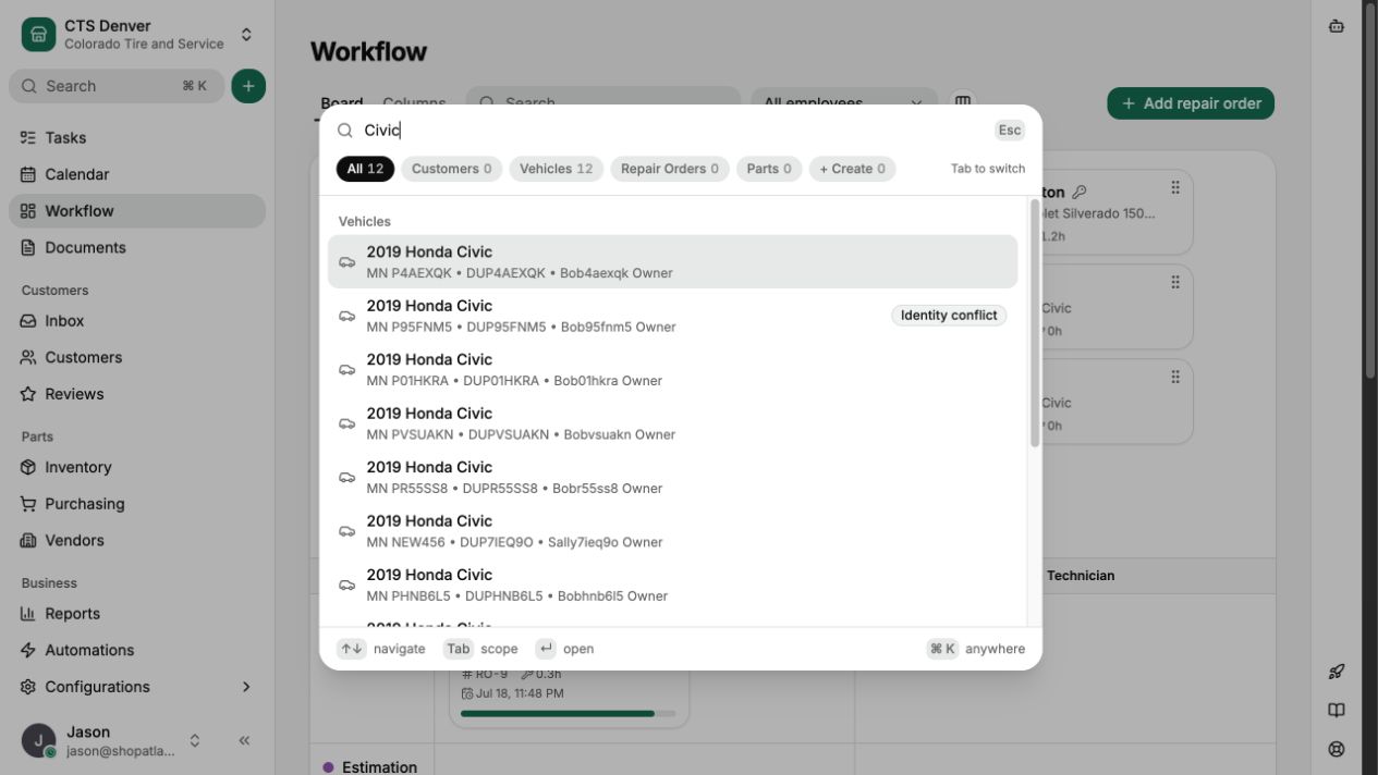 Global Search showing Vehicle results for Civic