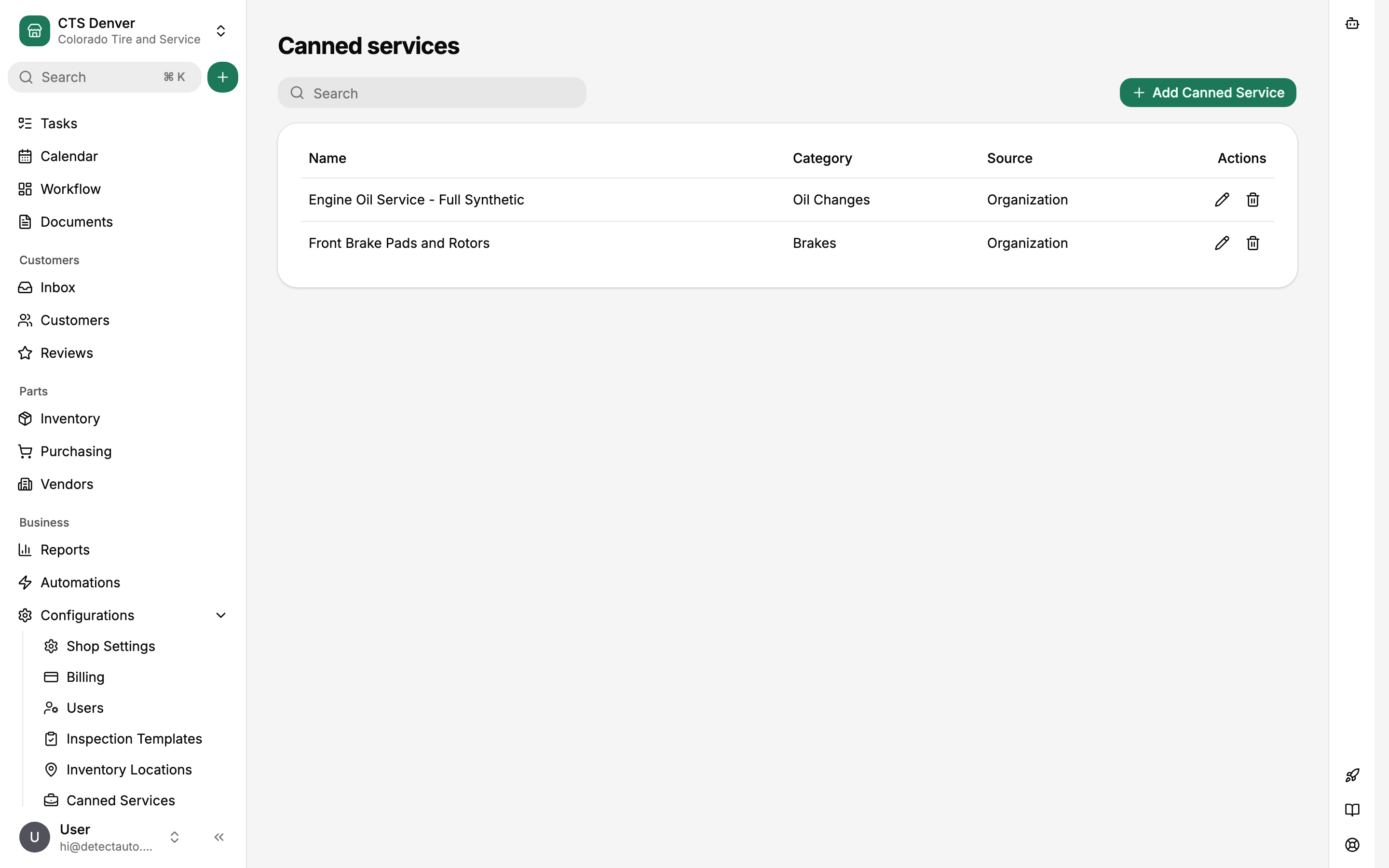 Canned services list with category and source columns