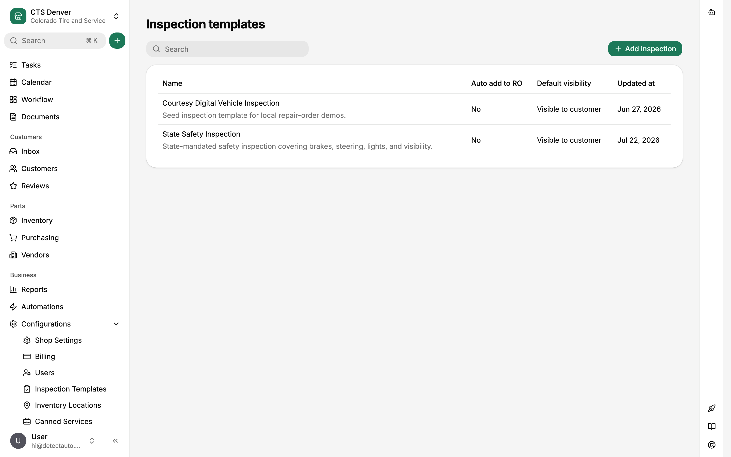 Inspection templates list