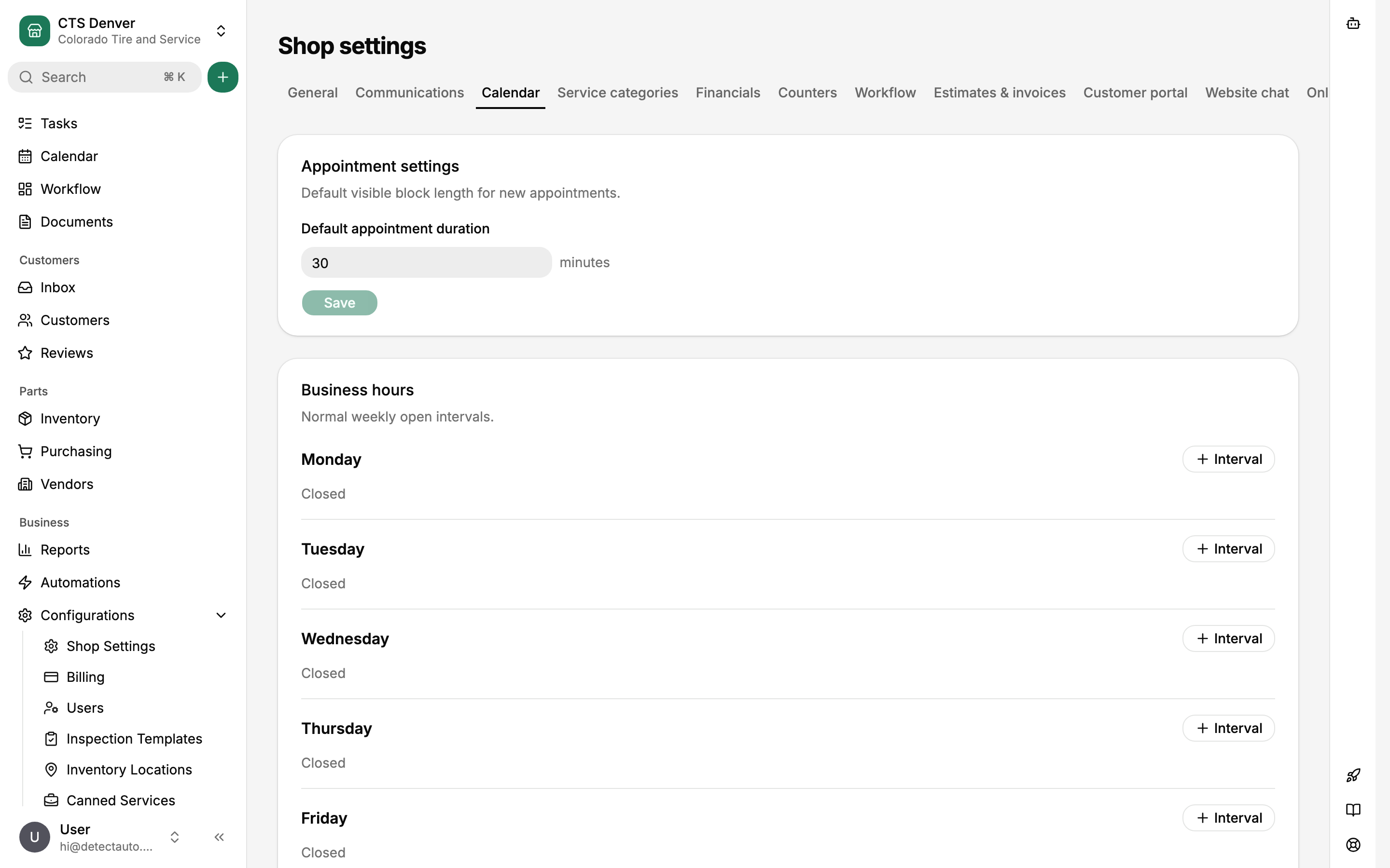 Calendar tab with appointment duration and weekly business hours