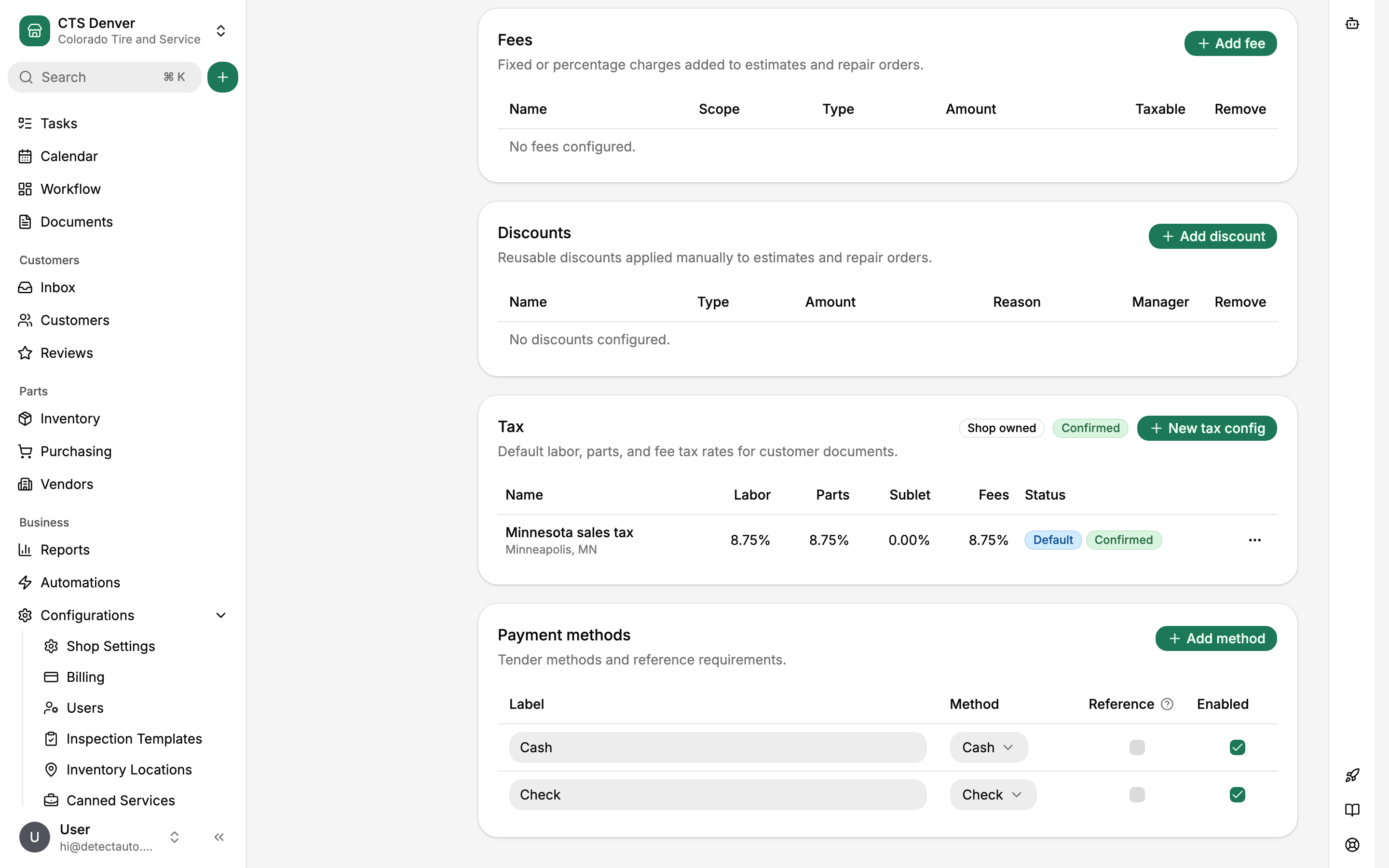 Fees, discounts, confirmed tax config, and payment methods in Financial configuration