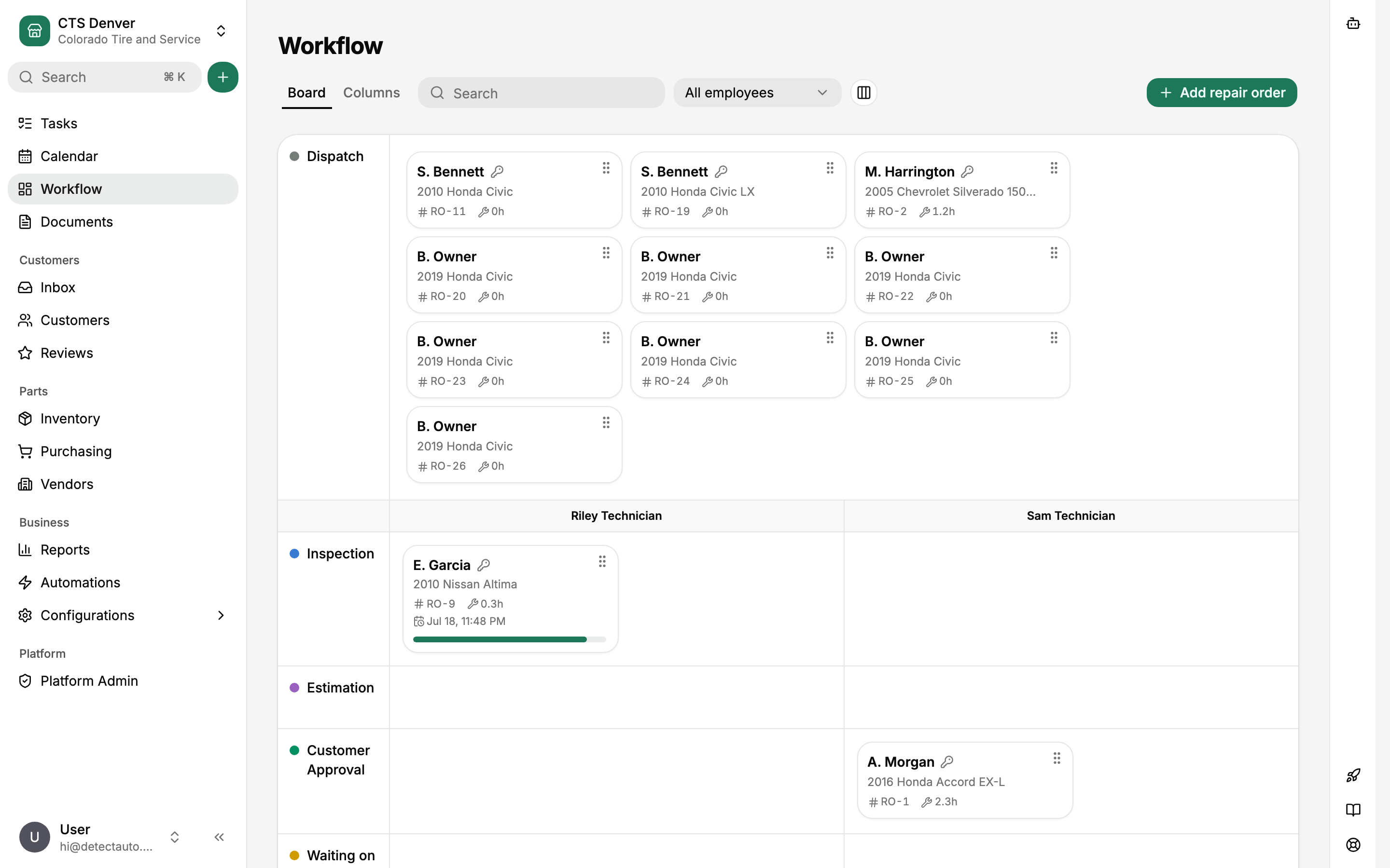 The Workflow board, the screen you land on after signing in