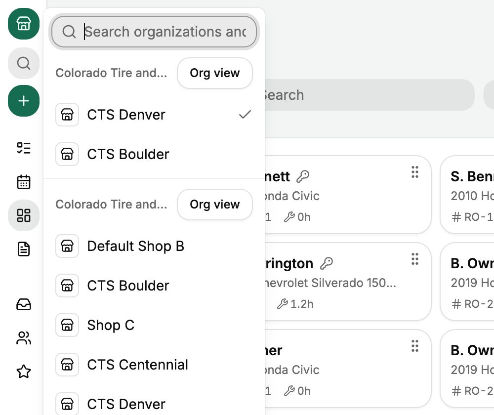 The Shop switcher showing Shops grouped under their Organization